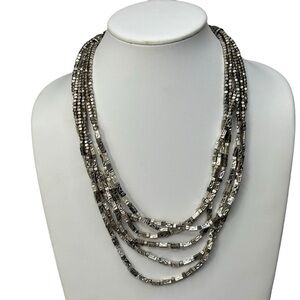 Chico’s Silver Hammered Rectangular Beads 6 Strand 19” Necklace Excellent Shape